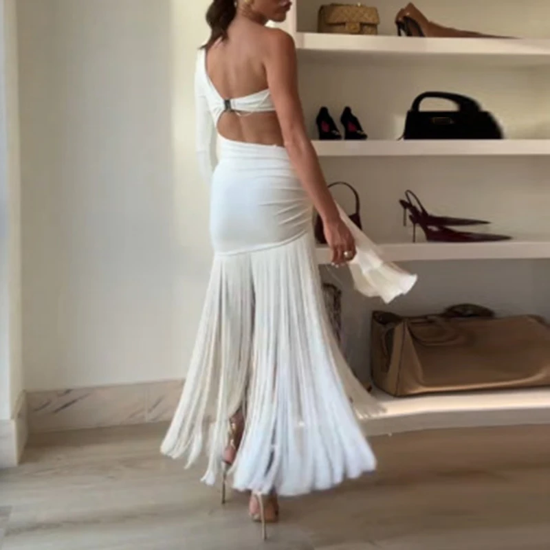 Irregular Ruched Sexy Maxi Dress For Women One Shoulder Sleeveless Hollow Out Long Dress Slim High Waist Backless Tassel Dresses