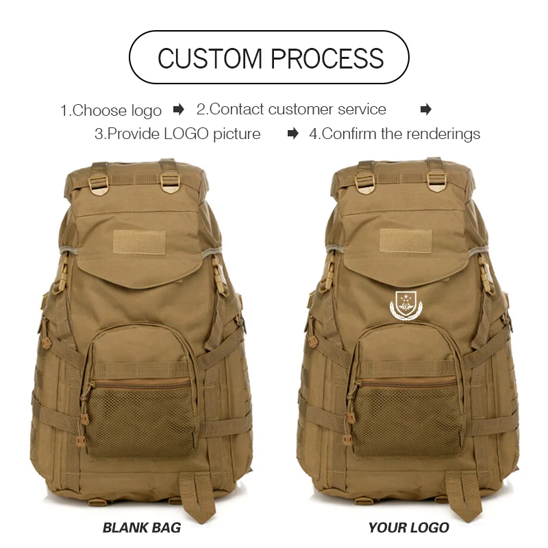 60L Camouflage Camping Mountaineering Rucksack พร้อมโลโก้ขี่จักรยานยุทธวิธีกระเป๋าเป้สะพายหลังเดินป่ากระเป๋าพิมพ์ภาพ