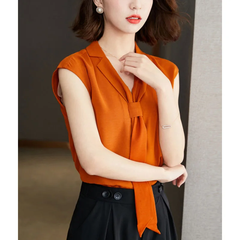 2024 New Women\'s Summer Fashion Elegant Loose Casual Commuter Solid Color Simplicity V-Neck Versatile Sleeveless Shirt Tops