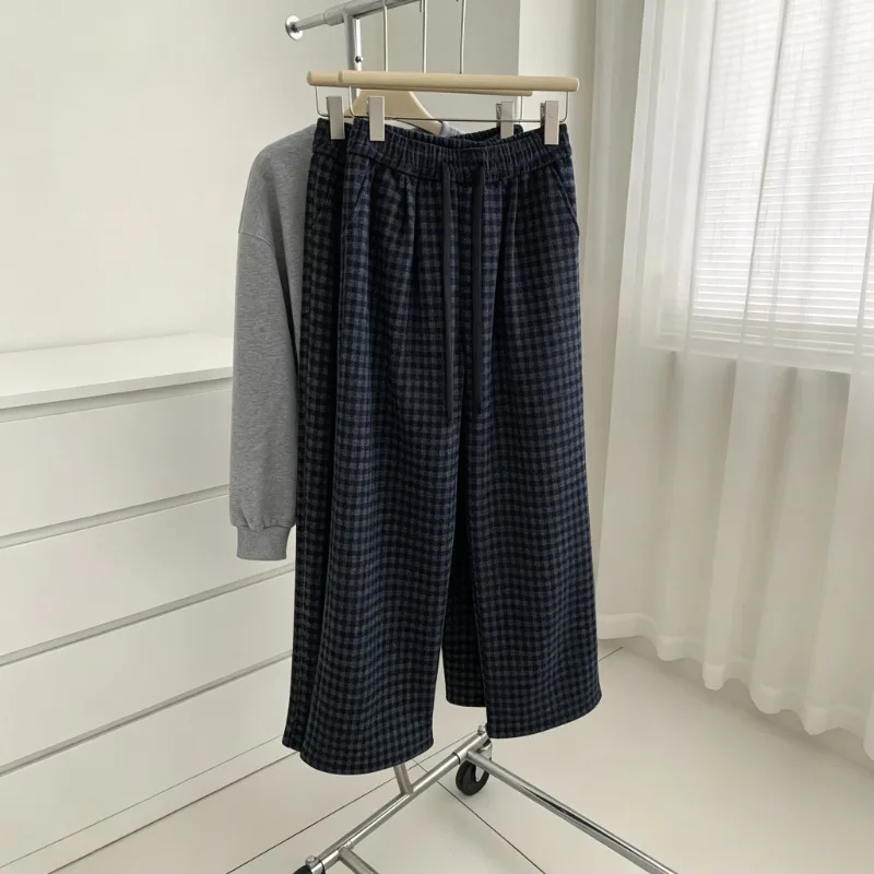Cosy Women Plaid Loose Drawstring Elastic Waist Comfy Wide‑Leg Casual Autumn Winter All-match Daily Outfit Trousers For Ladies