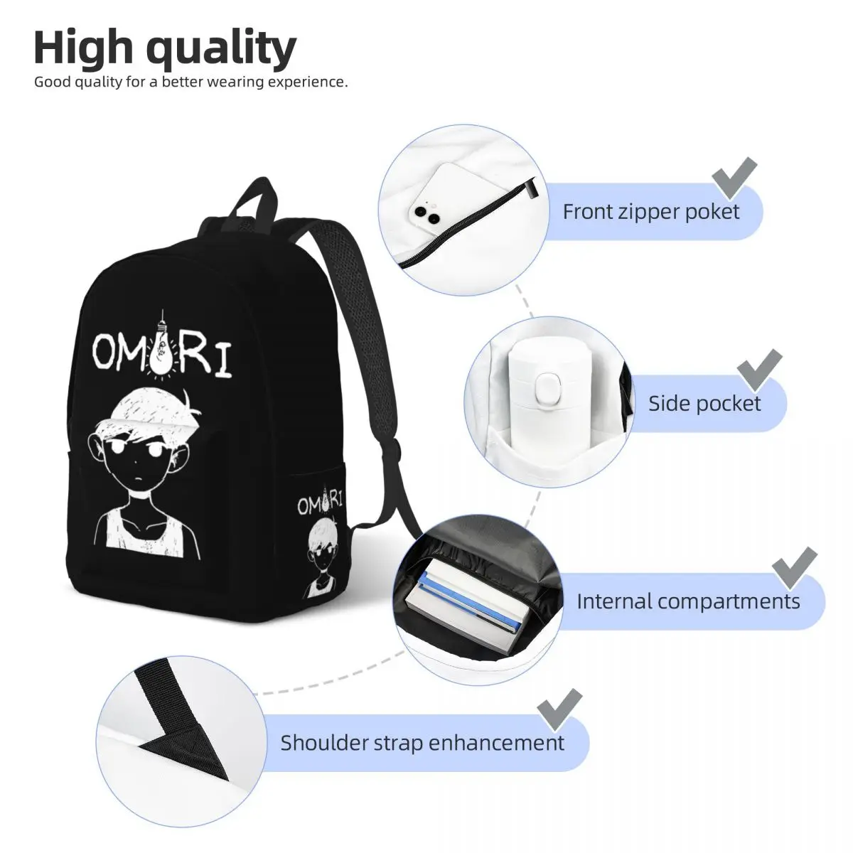 Omori Merch Omori White Backpack for Men Women Fashion Student Hiking Travel Daypack College Canvas Bags Sports