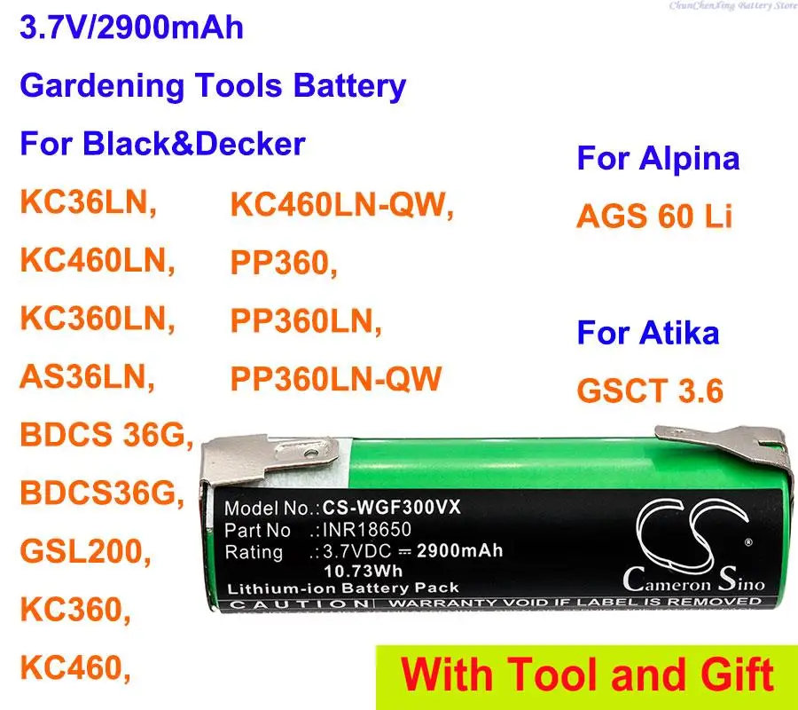 Cameron Sino 2900mAh Battery for Alpina AGS 60 Li, For Atika GSCT 3.6,For Black&Decker AS36LN,BD 36G,KC360LN, KC36LN,KC460LN