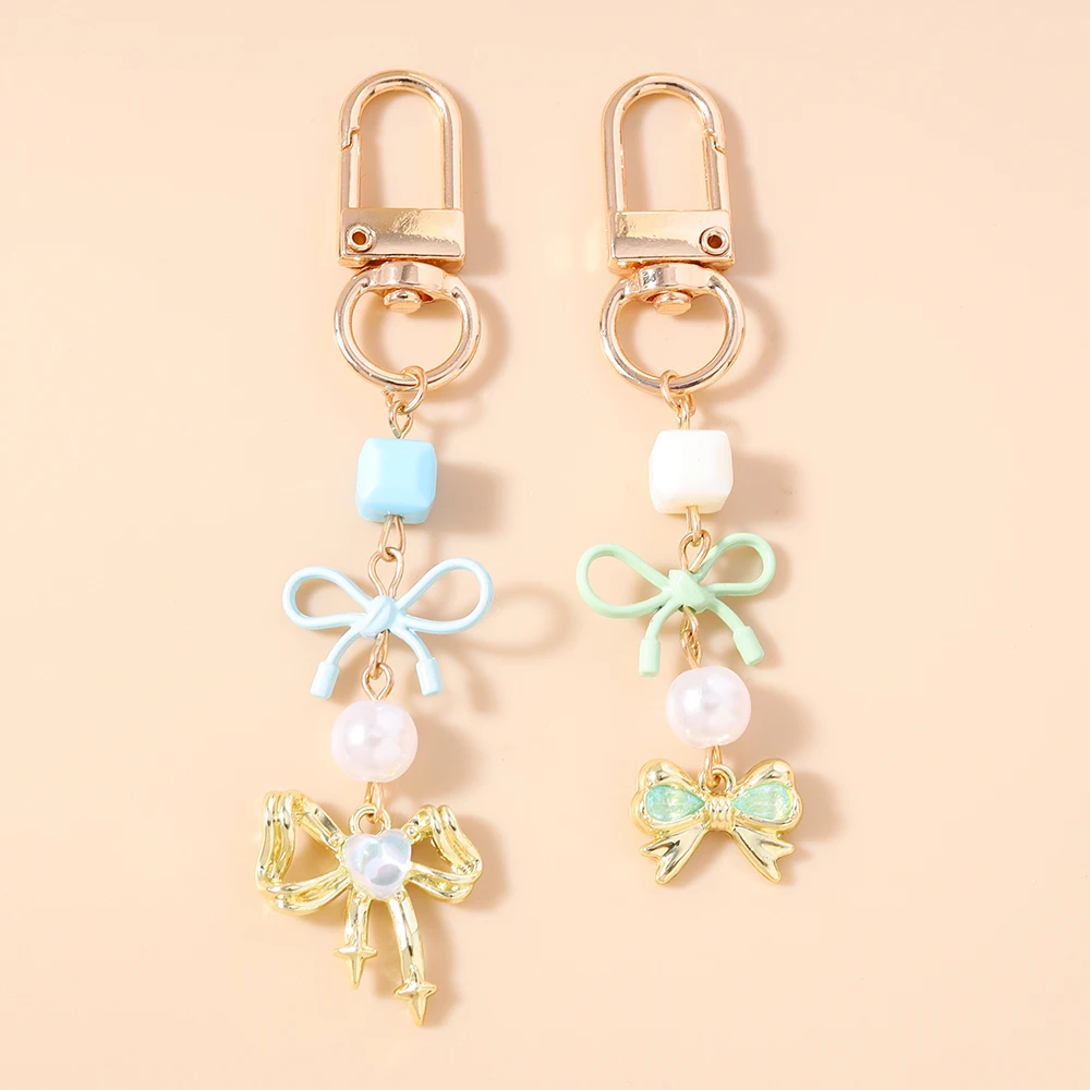 

Cute Crystal Bowknot Keychain Women Girls Pearl Key Ring Pendants for Handbag Decor Handmade Key Chain Gifts