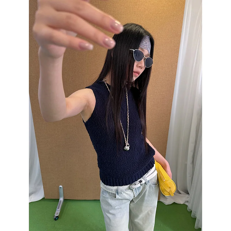 Benuynffy Rolled Half High Neck Sleeveless Vest Women 2026 Autumn New Korean Solid Color Slim Fit Casual Knitted Top Female