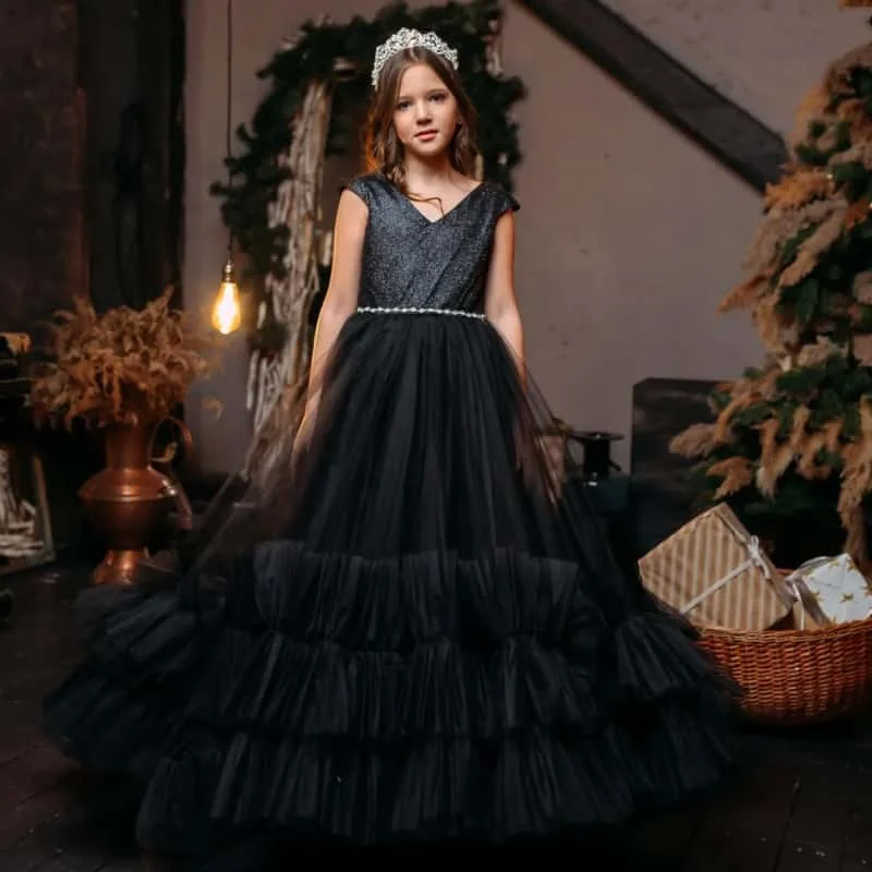 Glitter V‑Neck Kids Pageant Dress Cap Sleeve Rhinestone Waist Tiered Ruffle Tulle Long Train Gown Girls Party Evening Prom Dress