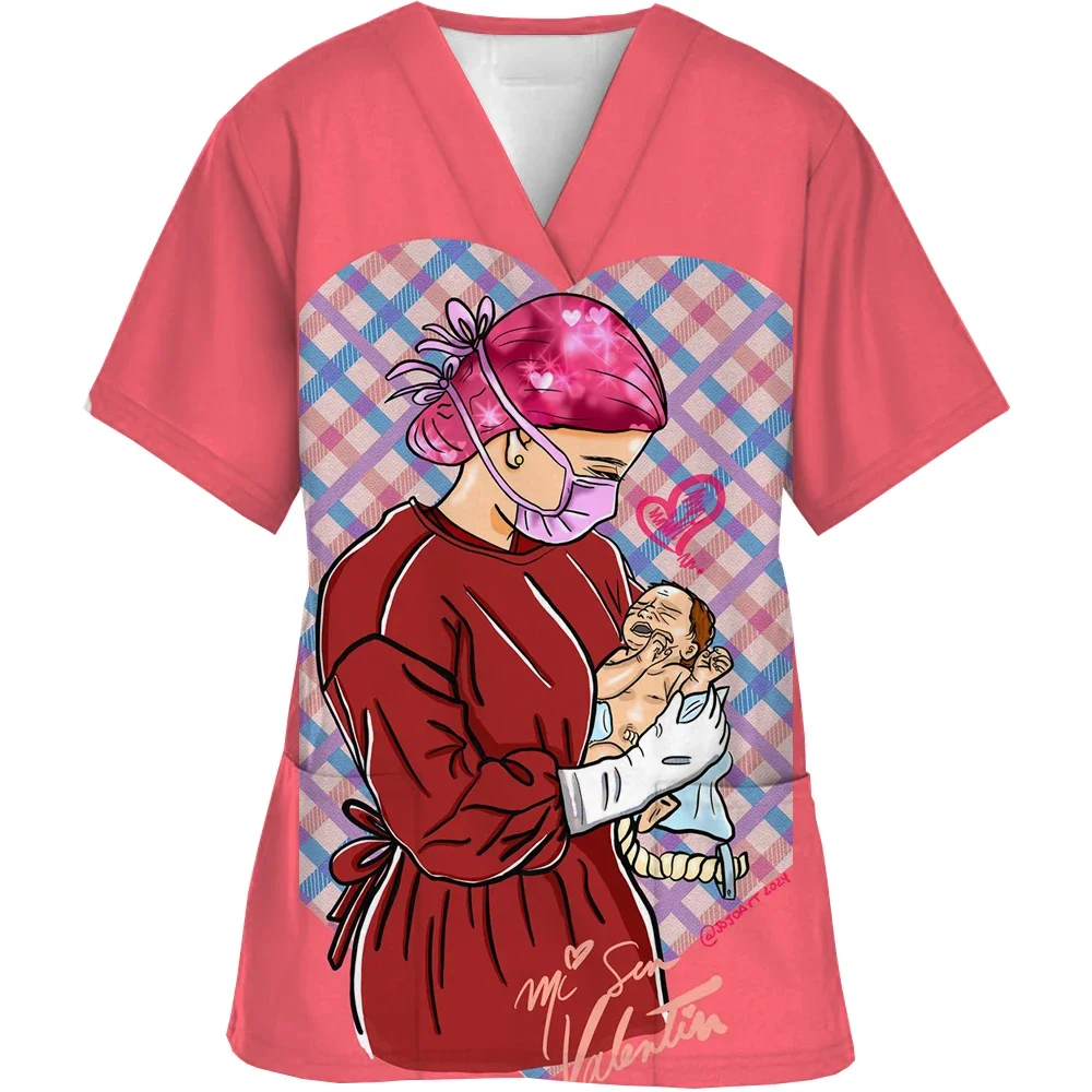Obstetric nurses, pediatric nurses, uniform, short sleeved V-neck top, healthy waist pocket shirt for women