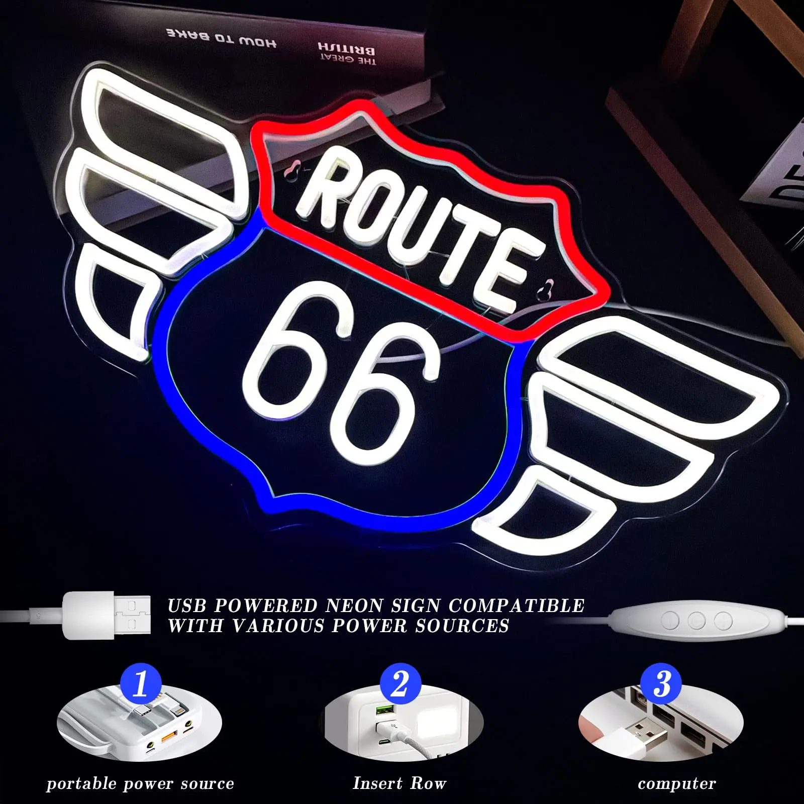 Route 66 Neon Sign Vintage American Highway Dimmable LED Light USB Powered for Man Cave Home Bar Garage Game Room Gift