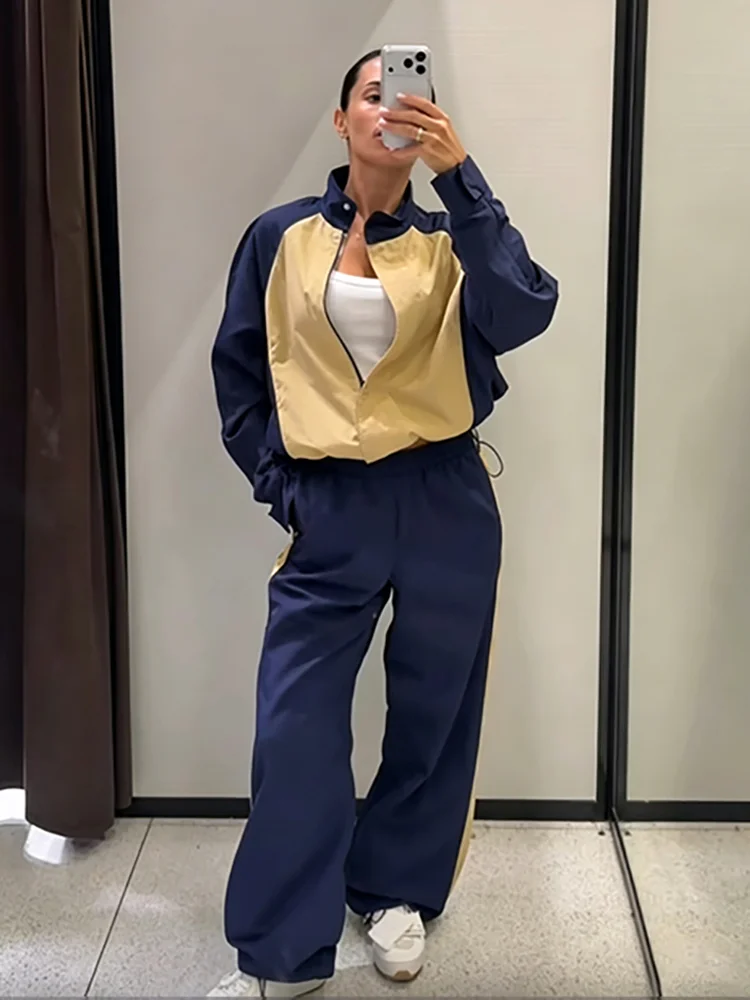 Sporty Color Block Tracksuit Set Cropped Jacket Wide Leg Pants Women Street Casual Chic Stylish Trendy Autumn Outfit