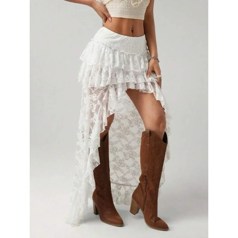 

Deeptown Vintage Asymmetrical Skirt Women Boho Lace Tulle Y2k White Skirts Korean Style See Through Layered Skirts Streetwear