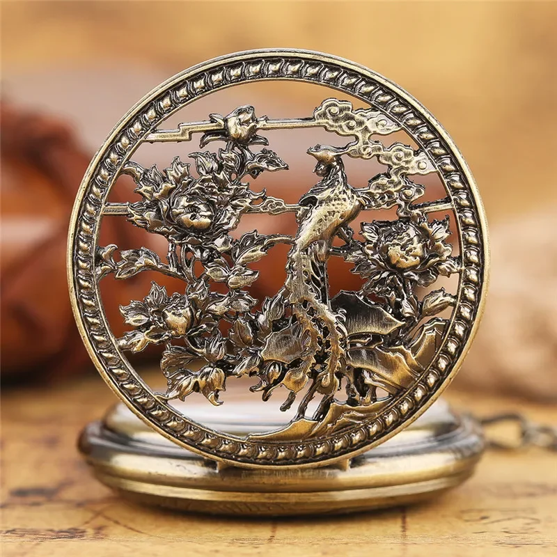 Retro Phoenix Automatic Mechanical Pocket Watch for Men Women Copper Hollow Steampunk Skeleton Watches Fob Pendant Chain Clock