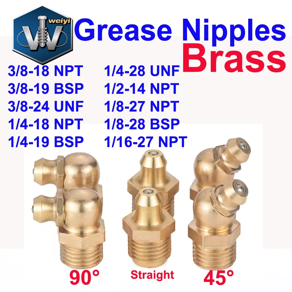 

Weiyi 1/8" 3/8" 1/4" 1/2" 1/16'' BSP NPT UNF Thread Brass Lubricating Grease Nipples 45° 90° Straight Digging Fittings