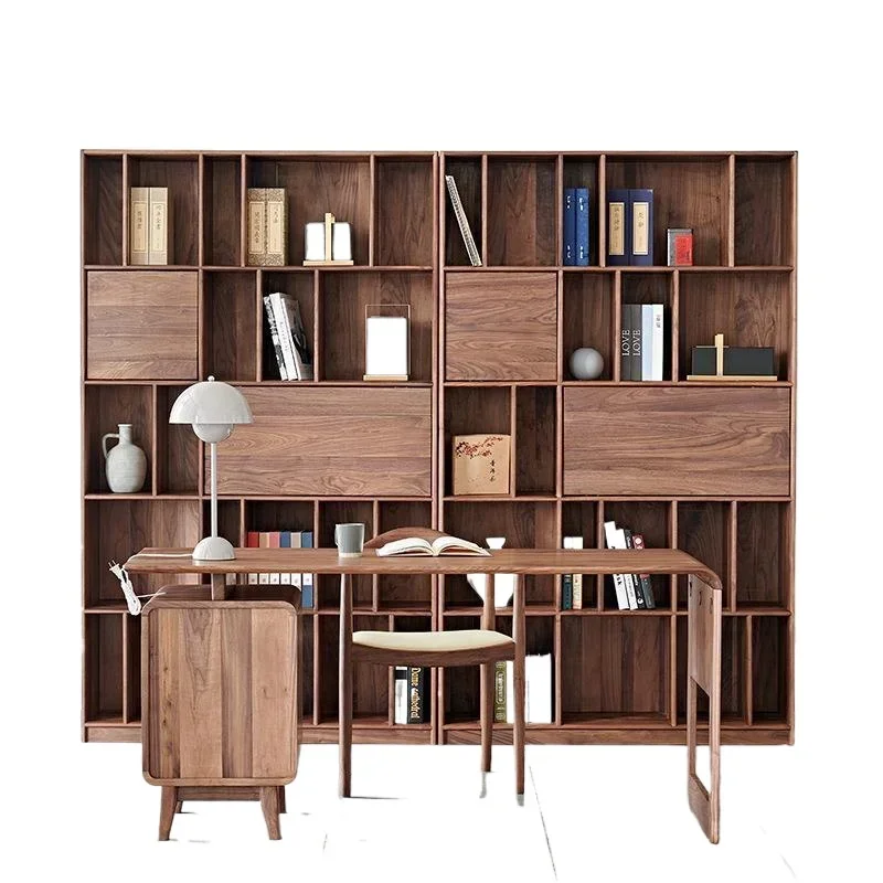 Libreria nordamericana in noce nera interamente in legno massello di lusso leggero nordico, espositore moderno e semplice, combinato