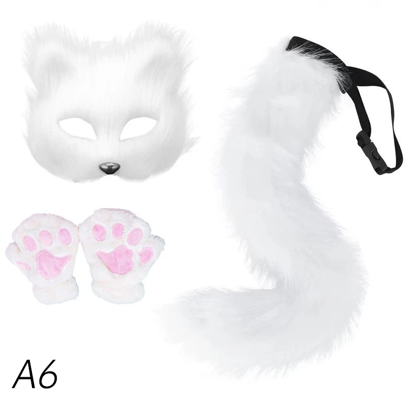 3 Stuks Set Harige Vossenmasker Staart Oren Anime Lolita Cosplay Rekwisieten Pluche Wolf Kat Klauw Handschoenen Hoofddeksels Halloween Kostuum Feest