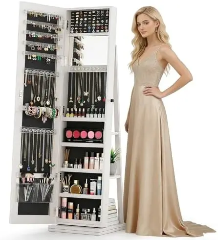 360° Swivel Jewelry Armoire with Full-Length Mirror, Lockable Standing Jewelry Organizer Cabinet with Interior Mirror &