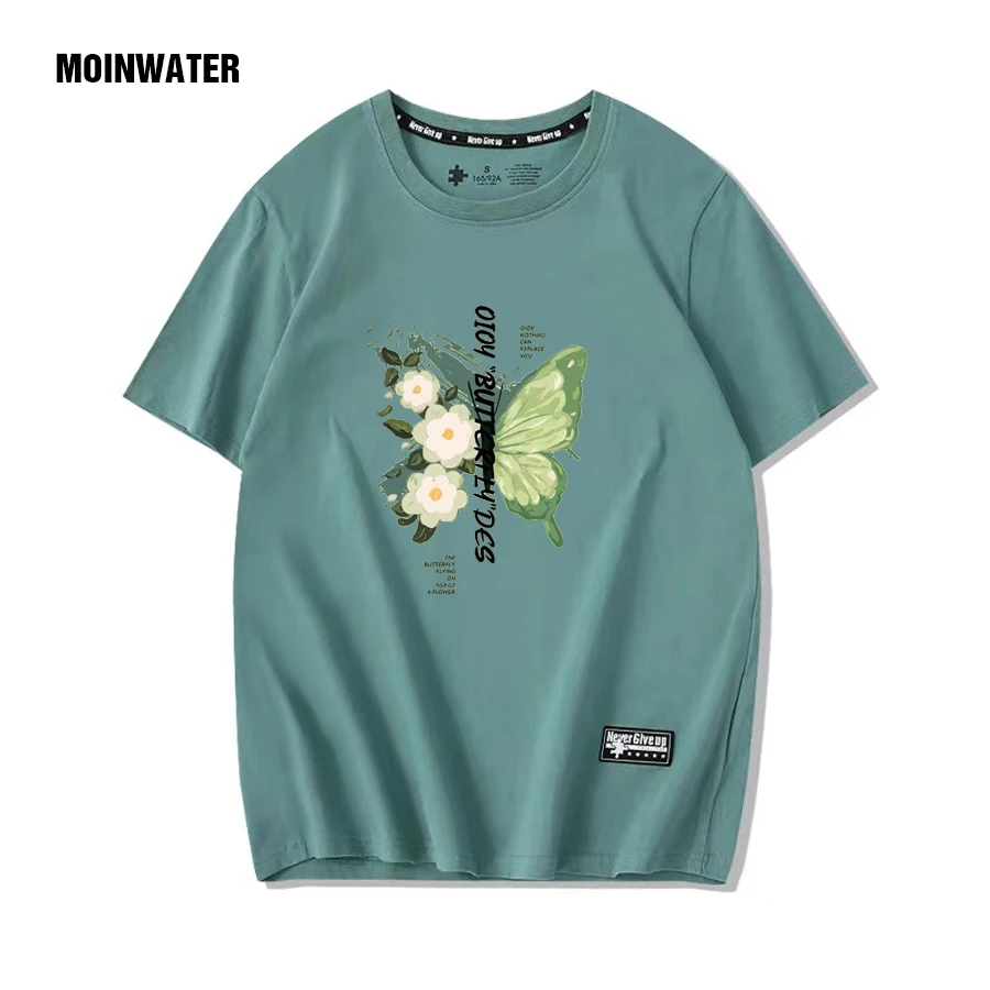 MOINWATER Women Pure Cotton T shirt Female Light Green Butterfly Printed Tees Lady White Short Sleeve Tops for Summer MT2372