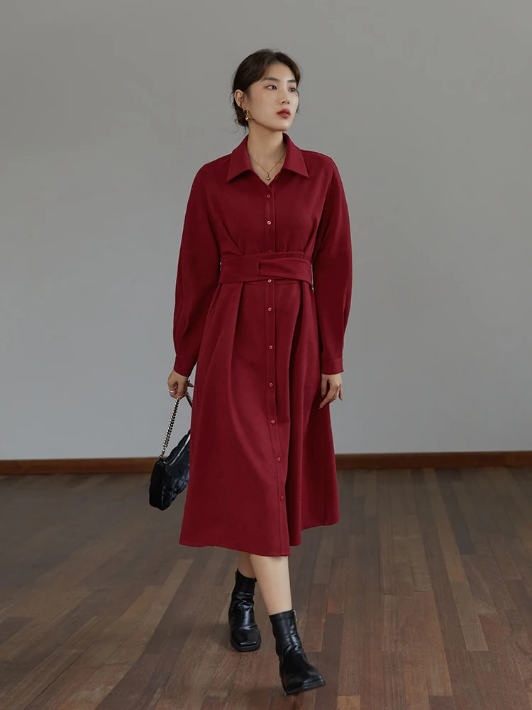 DUSHU Damen Winter gepolstertes Hemd-Stil rotes Kleid Pendler auffälliges langes A-Linien-Rock mit Schnürung an der Taille Damen mittellanges Kleid