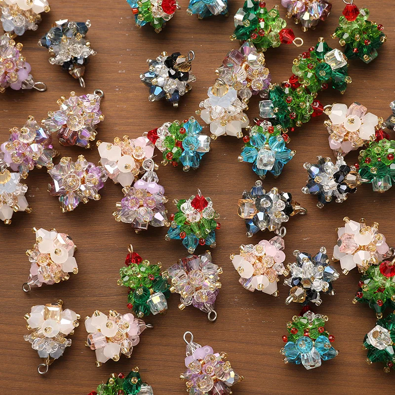 Christmas Atmosphere Crystal Beaded Tree Pendant Hand Woven Small Ornament Women Earring Mobile Keyring Bracelet DIY Accessories