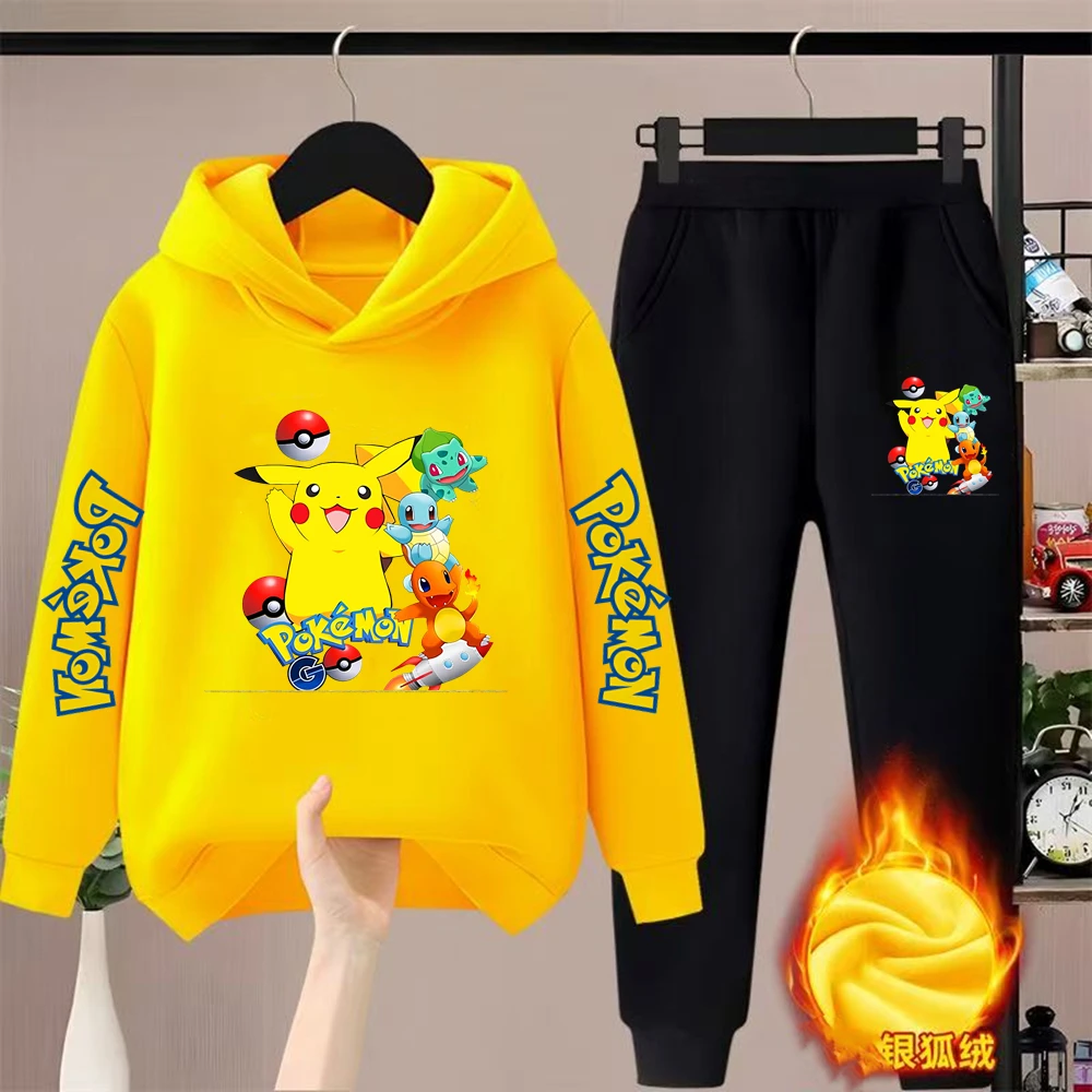 

Детская толстовка с капюшоном + брюки, желтая детская куртка с изображением Пикачу, толстовка с капюшоном для мальчиков и девочек, толстовка для отдыха, одежда для малышей 3-12 лет