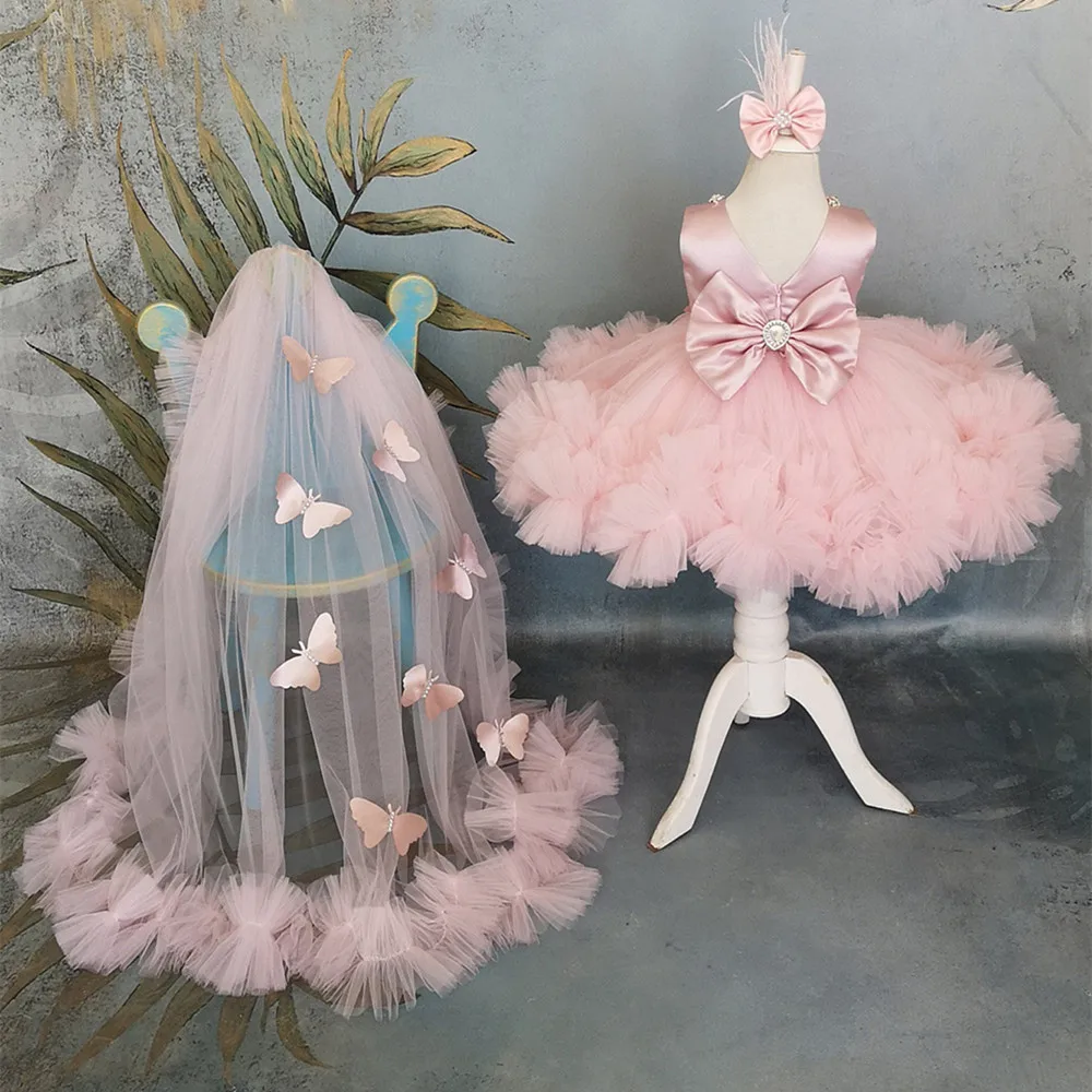 

Pink Girls Birthday Dress Toddlers Tiered Tulle Flower Girl Dress With Detachable Train Customized Princess Pageant Party Gown