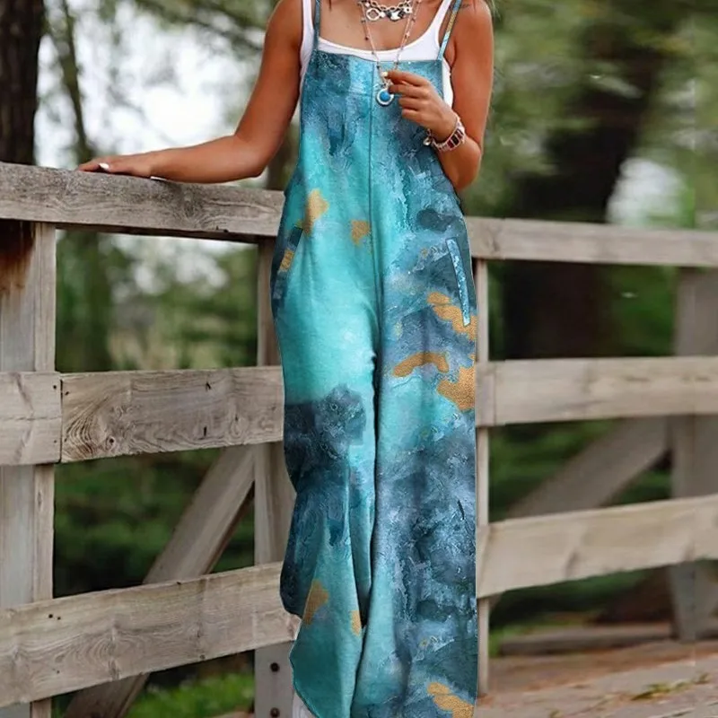 

Sexy Sleeveless Backless Jumpsuit Women's 2025 Summer Boho Wide Leg Printed Loose Long Pants Jumpsuits Vacation Party Clothing