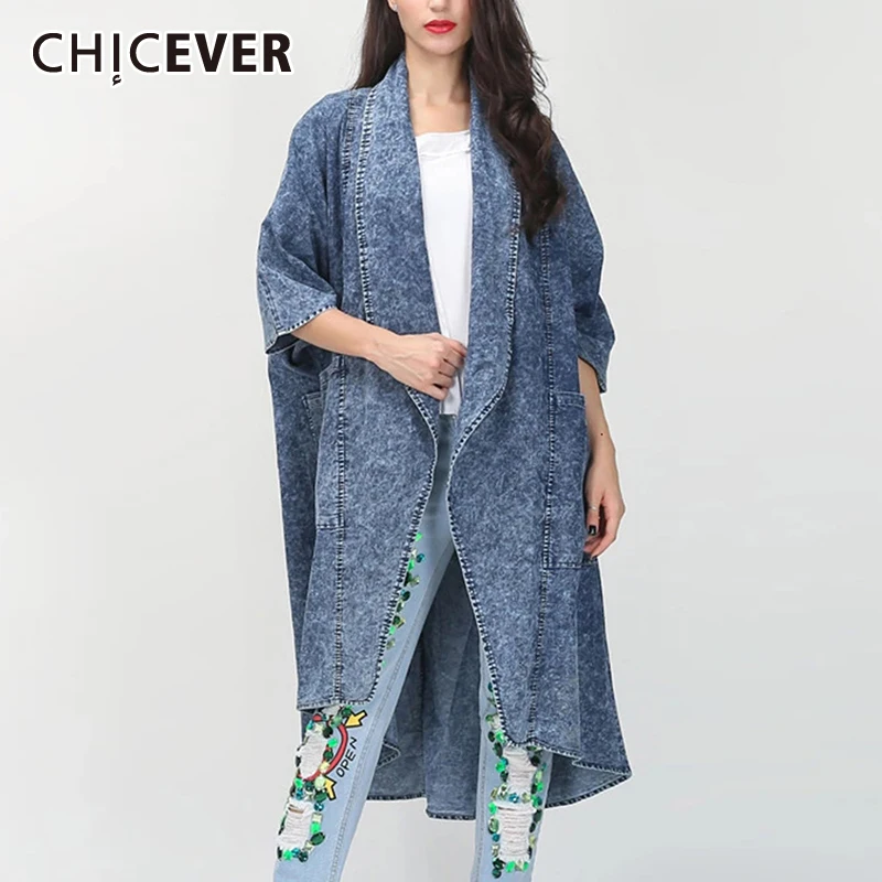 

CHICEVER Streetwear Denim Coat For Women Lapel Long Sleeve Patchwork Pockets Minimalist Loose Casual Jacket Female Fashion New