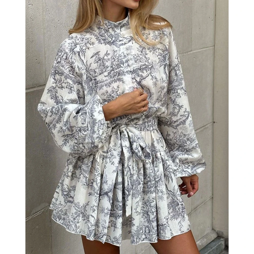 

Fashion Women Front Buttoned Stand Neck Lantern Sleeve Ruched Chinese Style Dress Casual Belted Waist A Line Party Midi Dress