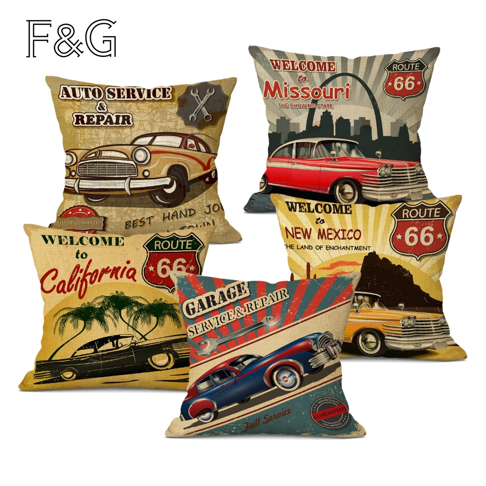 

Vintage Cars Print Decorative Cushion Cover Home Sofa Decor Pillow Case 45X45CM Cushions Covers Linen Throw Pillowcase