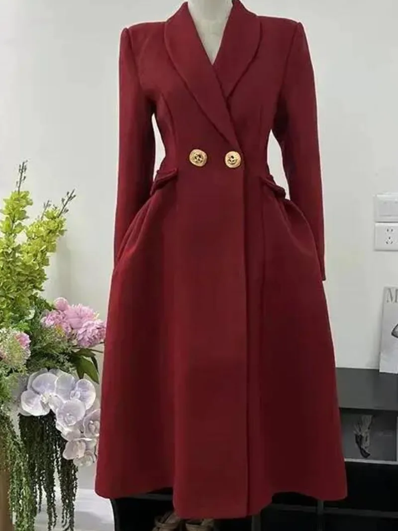 Fashion Wine Red Long Blazer Women's Lapel Slim Big Double Button Full Sleeves Blends Suit Jacket Autumn New 3NH6O