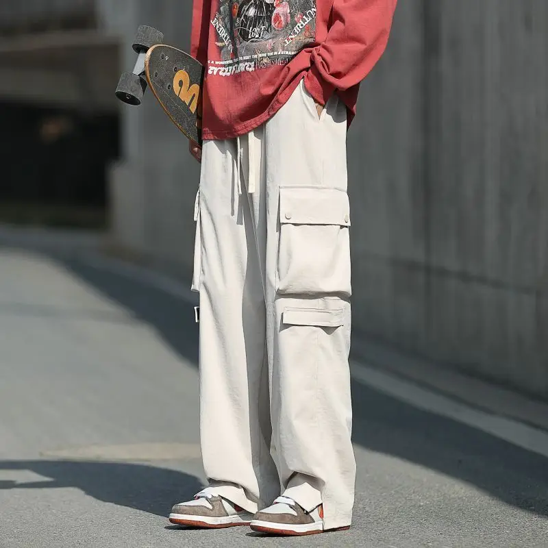 Spring Autumn Fashion Elastic Waist Solid Color Casual Men's Clothing Straight Loose Pocket High Waist Drawstring Cargo Pants