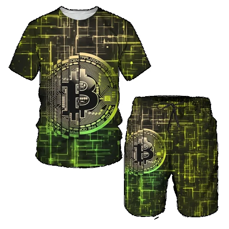 Set Kaos Lengan Pendek Oversize Pria 2025 Pakaian Olahraga Setelan Camping Kaos & Celana Pendek Cetak 3D Bitcoin Modis