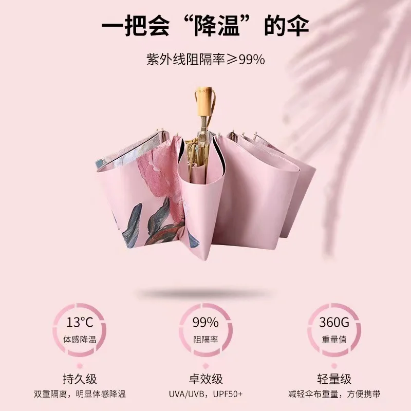 Double-sided Rubber Oil Painting Umbrella Three-fold Anti-ultraviolet Sun Umbrella Portable Dual-purpose Umbrella