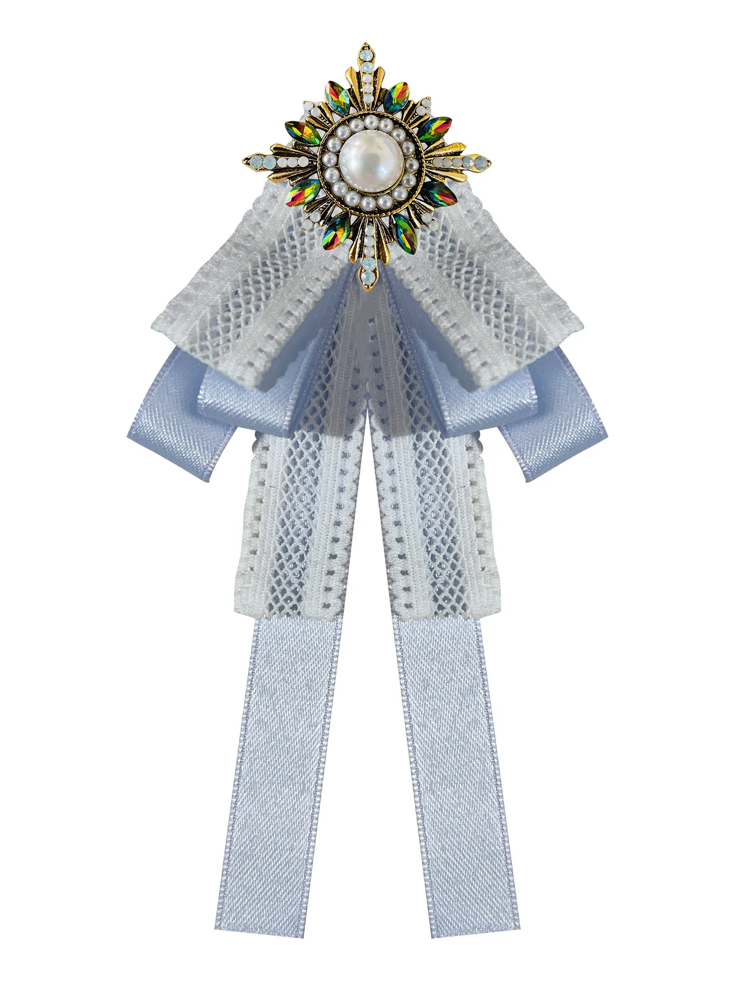 Sweet Preppy Style Lace Pearl Bow Tie Brooch Pin Blue Ribbon Decorated Noble-Style Brooch Accessory