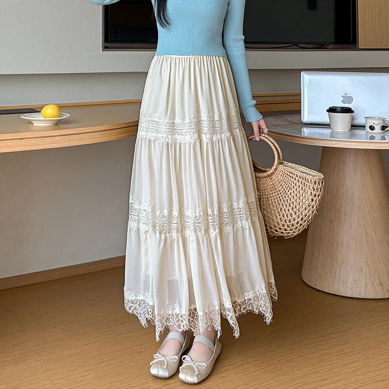

New Summer Chiffon Skirt Women French Fashion Hollow Out Lace Patchwork High Waist A-line Solid Color Casual Skirts Jupe