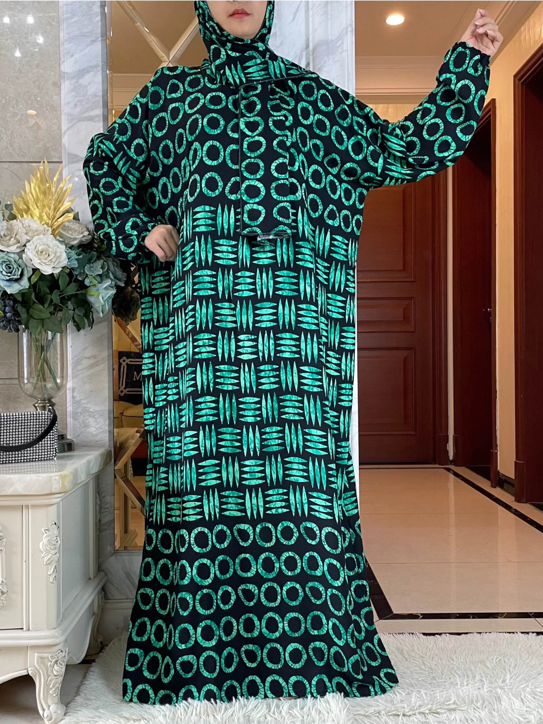 Latest African Women Summer Half Sleeve Dress With Big Scarf Collect Waist Floral Boubou Maxi Islam Cotton Elegant Abaya Clothes