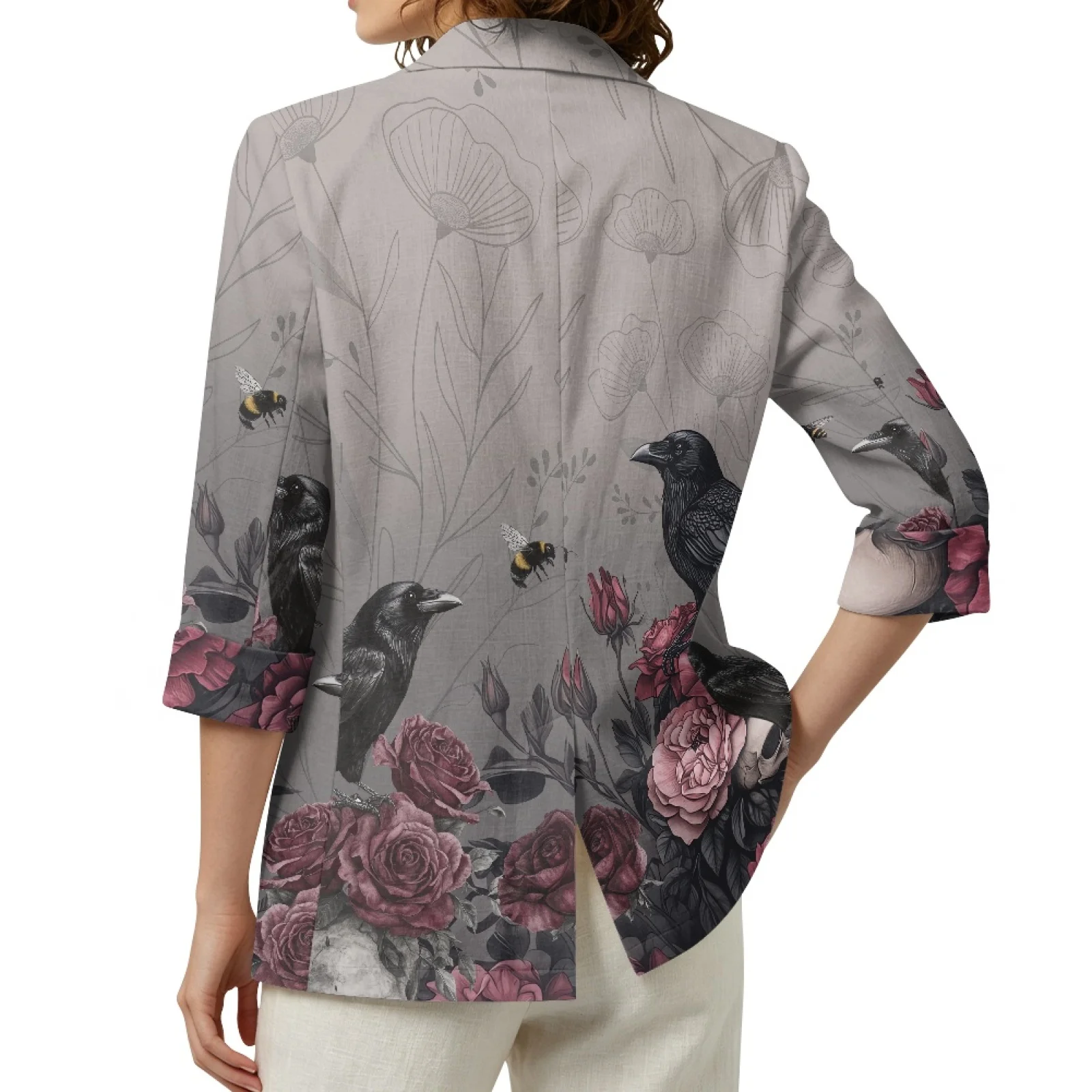 PENSTROLL Raven Rose Pattern Linen Like Open Front Tops Light Cover Up for Women Lightweight Cardigan Jackets
