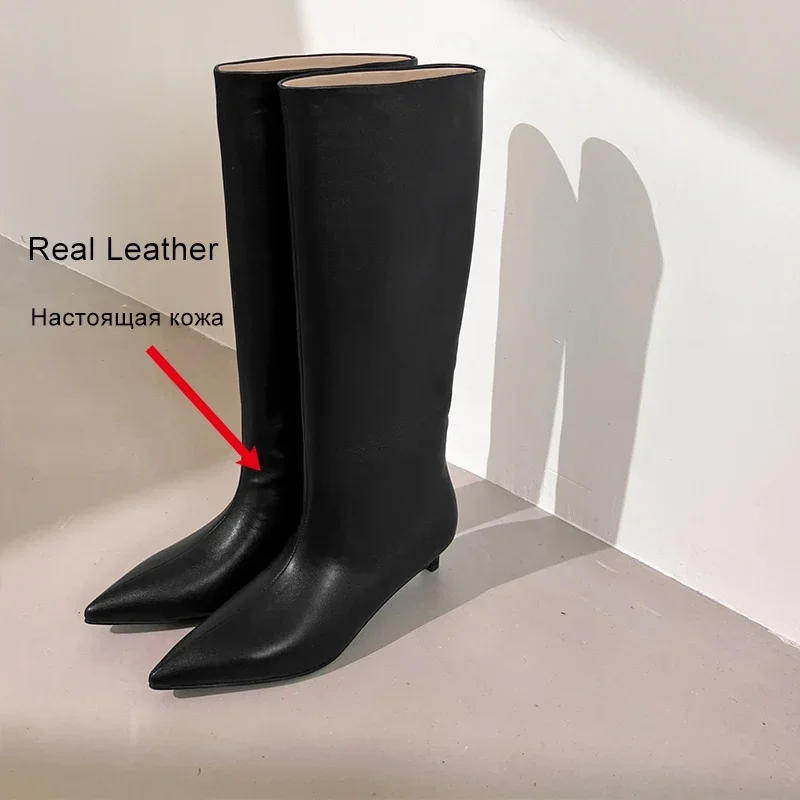 JOZHAMTA Size 34-40 Women Knee Boots Stone Pattern Real Leather Kitten Heels Shoes Wide Calf Long Black Boots Office Lady Dress