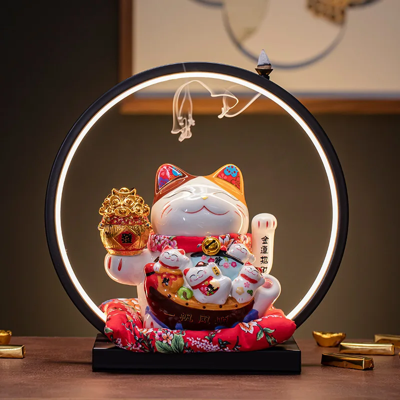 Cashier Maneki Neko Ceramic Lucky Cat Welcoming Chinese Lucky Cat Automatic Waving Hand Beckoning Fortune Cat Figurines Decor