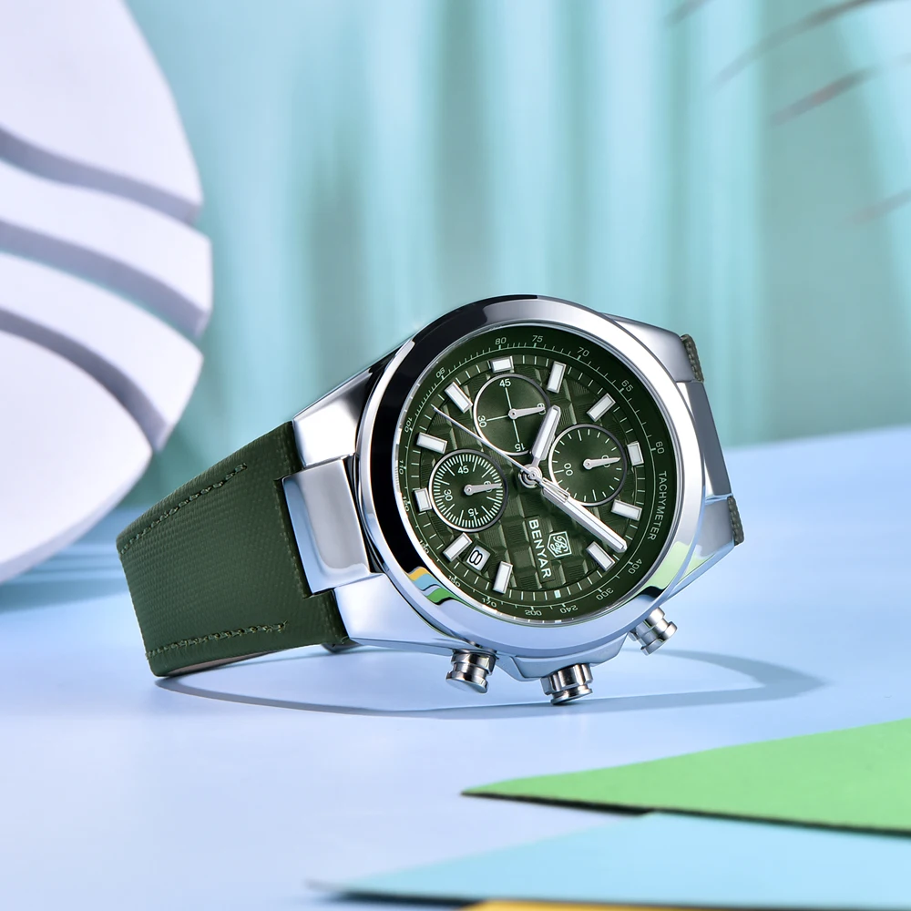 BENYAR New Quartz Watch 42mm Luminous Business Watch Dial 30 Meter Waterproof Men\'s fashion Watch Chronograph Leather strap 2024