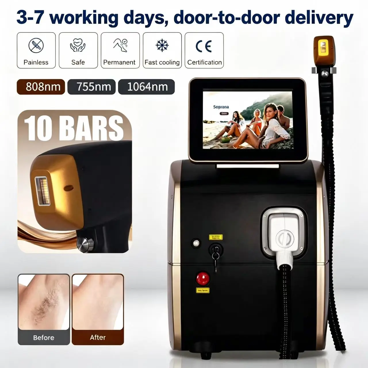 808nm Diode Laser Hair Removal Machine Ice Titanium Profession 3 Wavelengths Laser Painless Permanent Hair Removal 755 808 1064