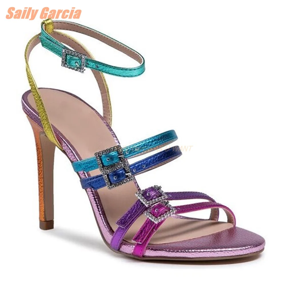 Rainbow Strappy Sandals Sexy Mixed Color Stiletto Fashion Summer Women Shoes Luxury Shoes Round Open Toe Patent Leather New