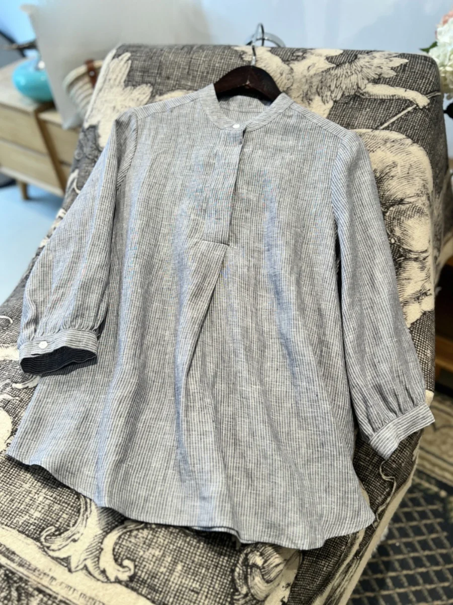 

Loose Fit Linen Shirt round Neck Half Open Front Seven Quarter Sleeve Grey Blue Striped A-Line Top for Business Women