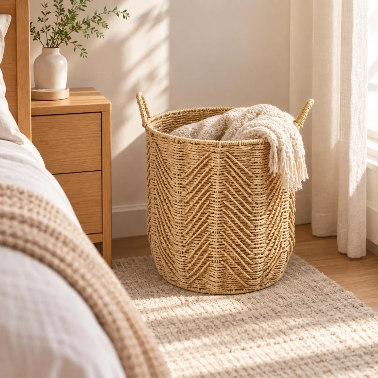 Handcrafted Braided Basket for Clothes Organization with Metal Frame and Easy Carry Handles for Daily Use