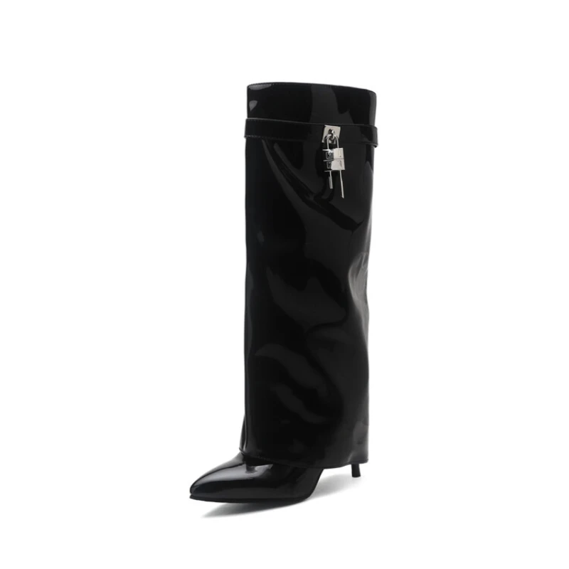 

2024 Autumn New Fashion Shark Lock Knee Knight Boots for Women Winter Pointed Toe High Heels Elegant Big Size Shoes 43 45