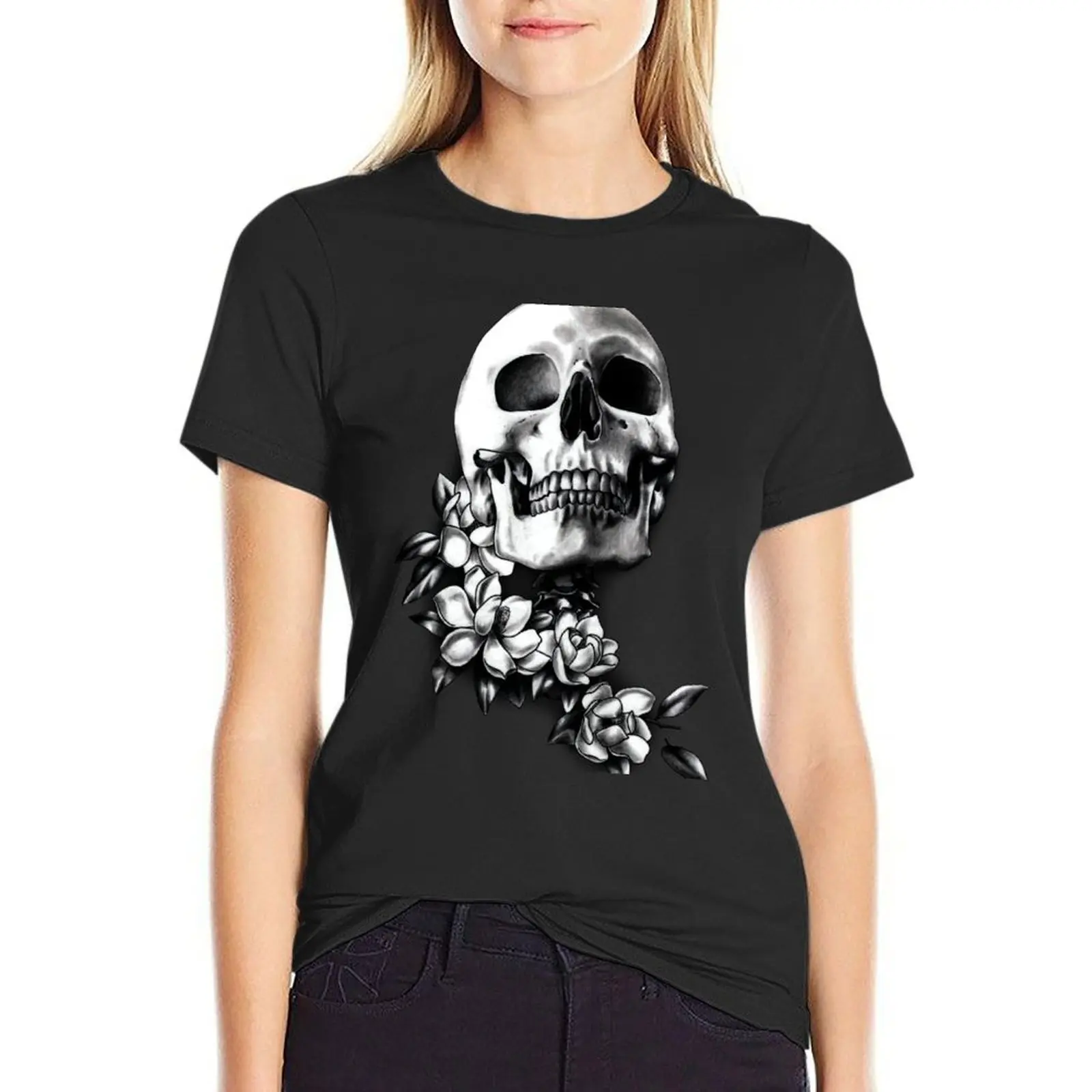 Skull & Magnolia Flowers B&W T-Shirt tees lady clothes Women's tee shirt