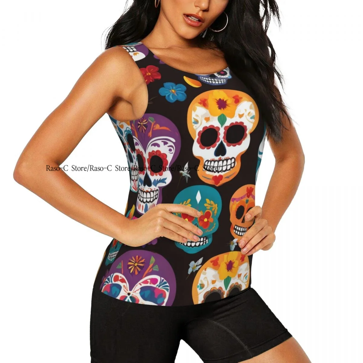 Women Casual Sport Yoga Vest Colorful Sugar Skulls Quick Dry Running T-shirt Training Workout Gym Sleeveles
