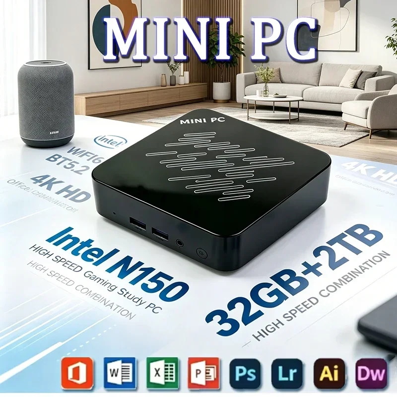 2026 Portable Mini PC Intel N150 Mini PC High‑Performance 32GB RAM 1TB 2TB SSD WIFI6 BT5.2 4K 60Hz HD Gaming Office Study PC