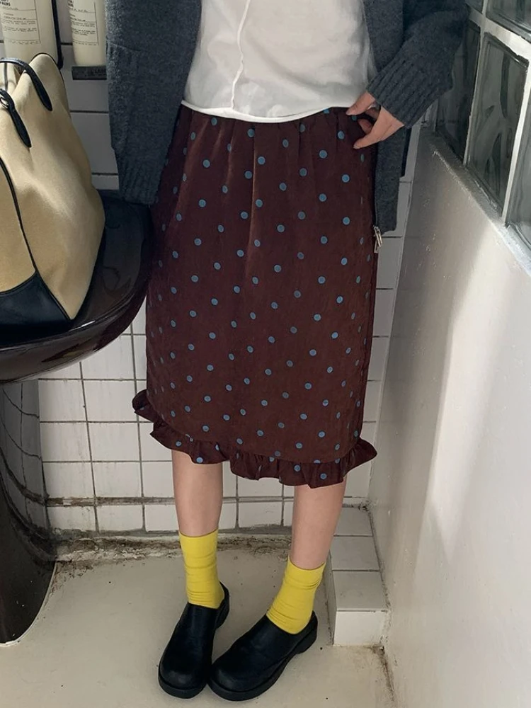 

Deeptown Vintage Polka Dot Skirts Women Korean Style Elegant Brown Ruffle Skirt Sweet Harajuku Y2k Streetwear A-line Mid Skirts