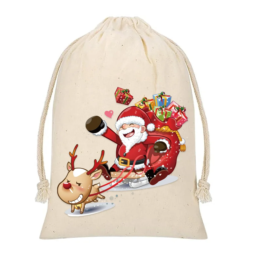 30pcs/lot Santa Claus Printing Cotton Drawstring Pouches Portable Travel Sundry Storage Bags Christmas Candy Gift Packaging Bag