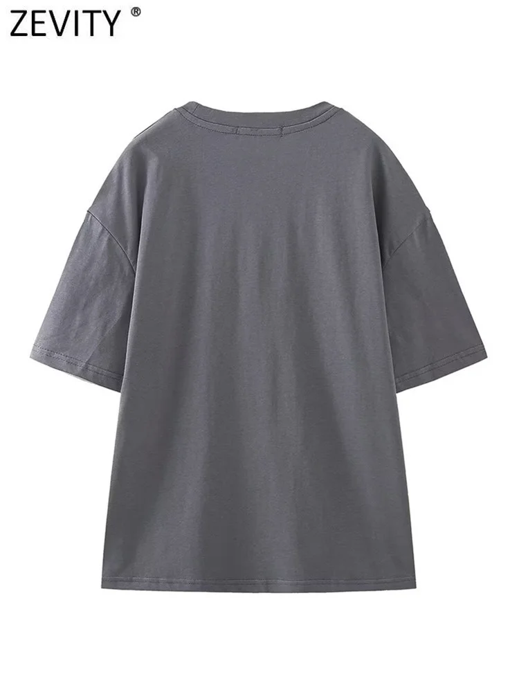 Zevity Women Fashion Wash Effect Cool Girls Print Grey Color Casual T Shirt Female O Neck Short Sleeve Beading Chic Tops T4796