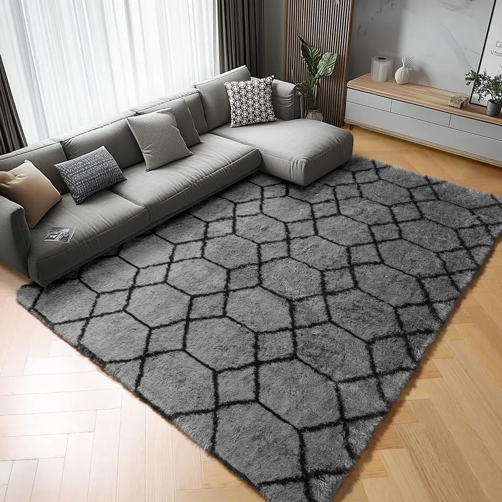 

5x8 Grey & Black Geometric Area Rug - Soft Plush Moroccan Style Carpet for Home, Playroom, and Dorm